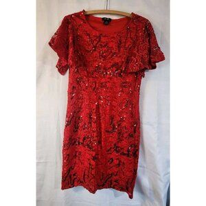 Women's Dress Flutter Sleeve Knee Length Sequin Red Size Large